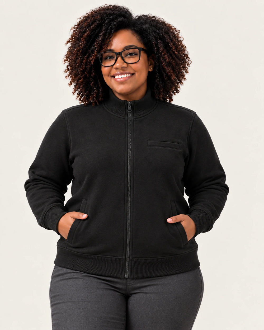 Woman wearing the Aombe Women's Sweat Jacket in black, 280 GSM cotton fleece zip-through