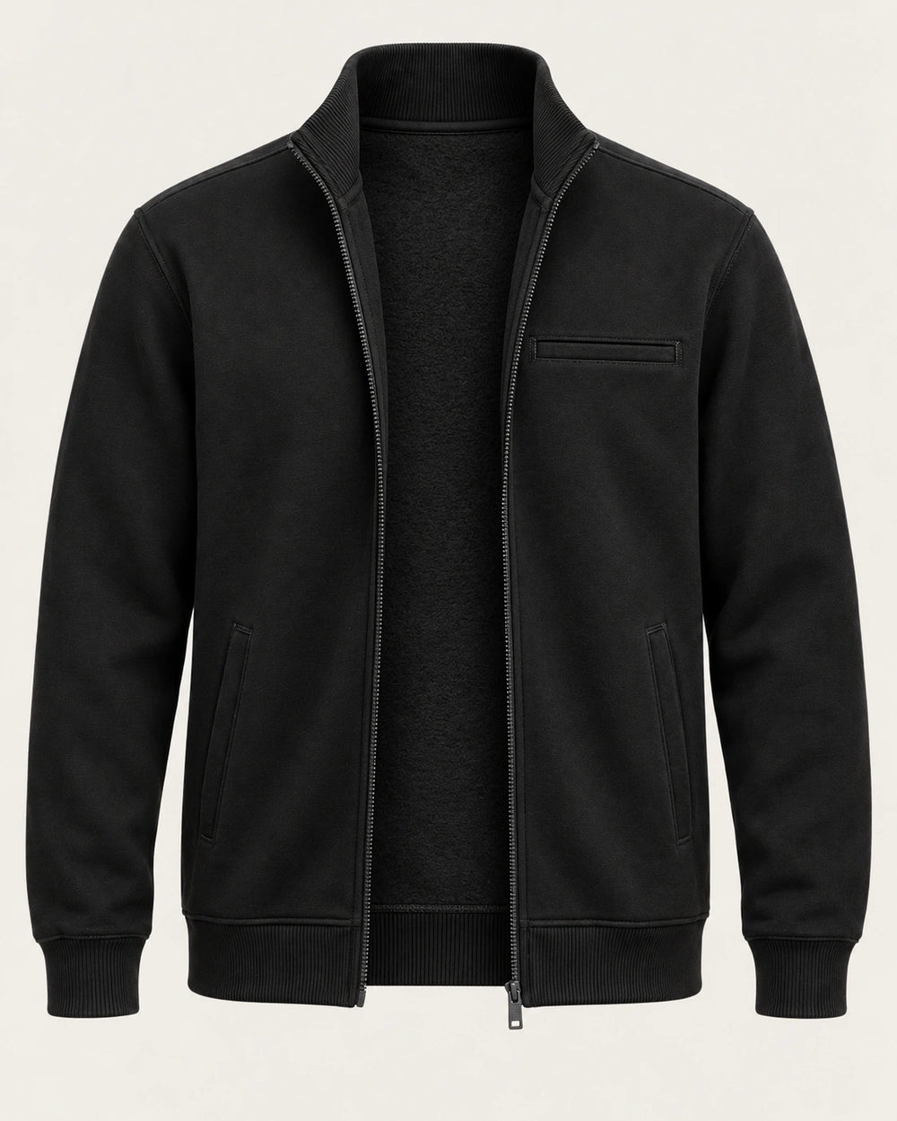 Aombe Sweat Jacket in black — 280 GSM cotton fleece zip-through, construction detail
