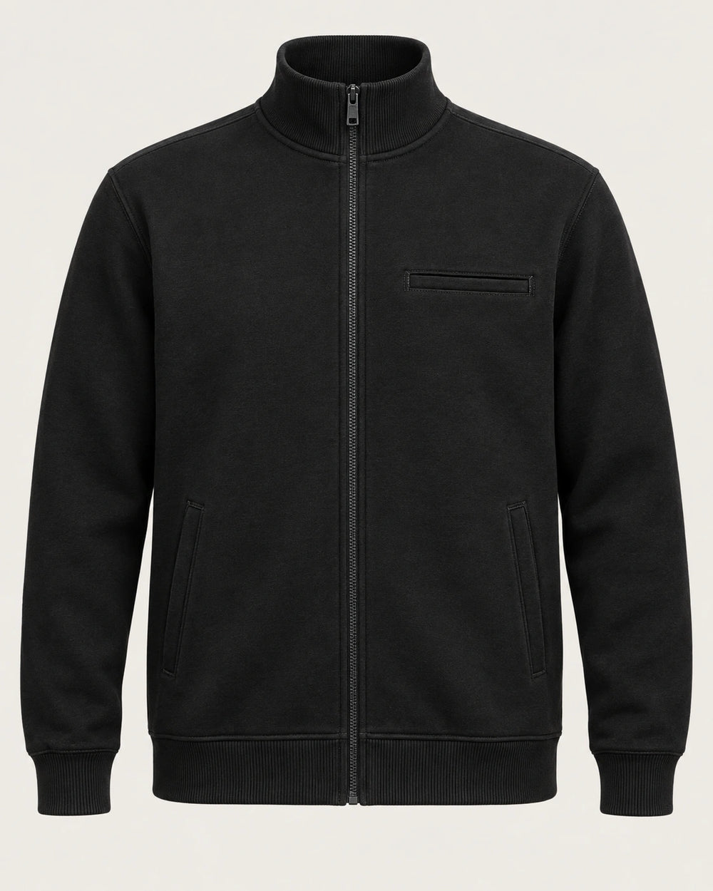 Aombe Sweat Jacket in black — 280 GSM cotton fleece zip-through, construction detail
