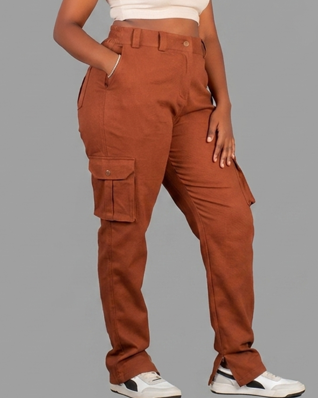 Aombe Women's Cargo Pants — twill cargos with half-elastic waistband that gives through the hip