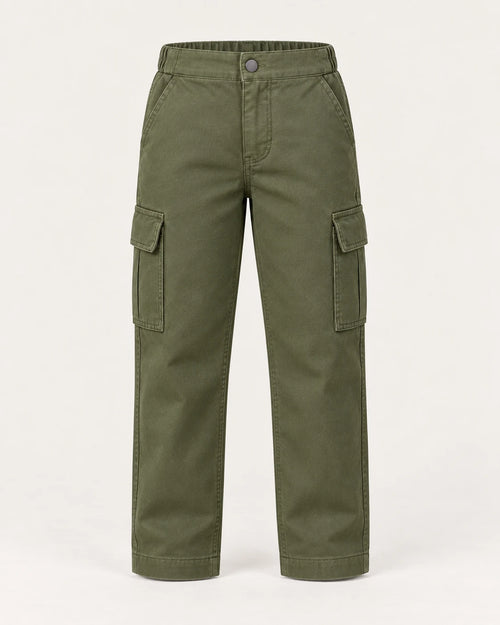 Aombe boys' olive green cotton twill cargo pants front view with half-elastic waistband, snap closure and two thigh cargo pockets