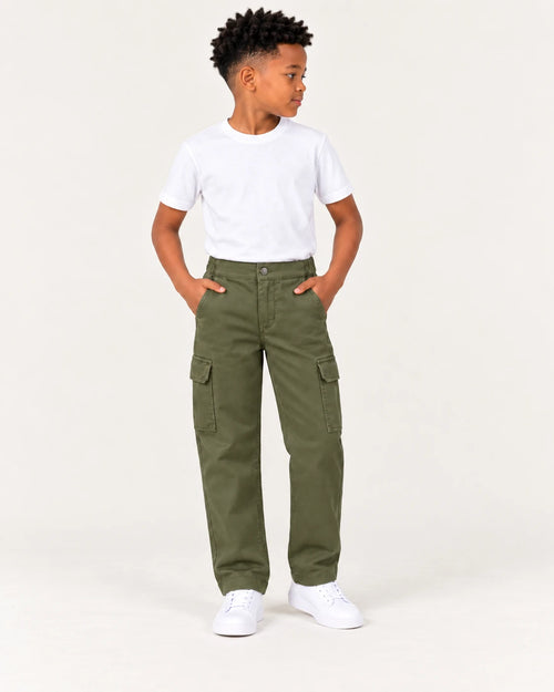 Aombe boys' olive green cargo pants worn full-body front view with white T-shirt and white sneakers
