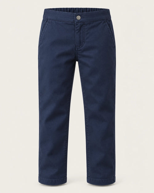 Aombe boys' navy cotton twill chino pants front view with half-elastic waistband, snap closure and slanted pockets