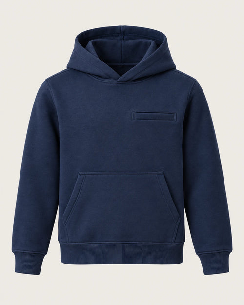 Aombe Boys' Hoodie in navy blue, front view, showing lined hood, welt chest pocket and kangaroo pocket