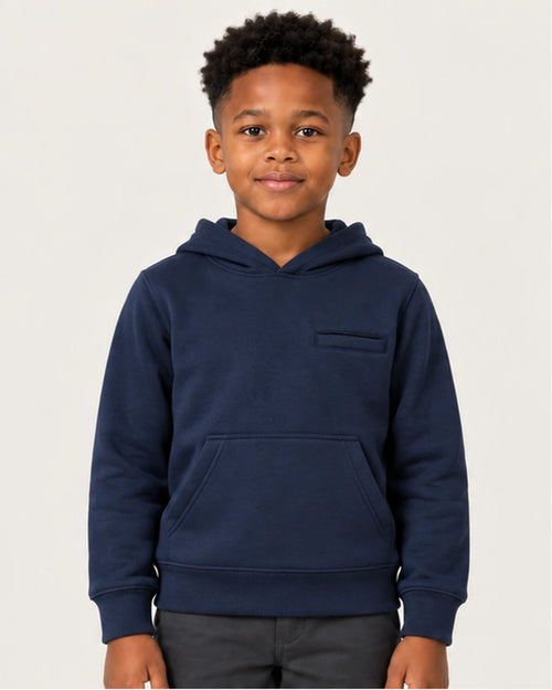 Boy wearing the Aombe Boys' Hoodie in navy blue, front view