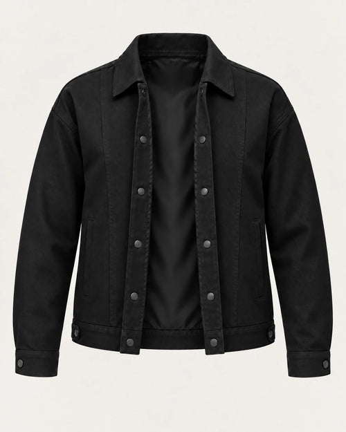 Aombe boys' black cotton twill jacket front view, open to show the plain black lining