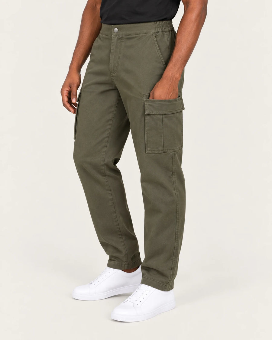 Aombe Men's Cargo Pants in olive green, worn cargo pocket detail